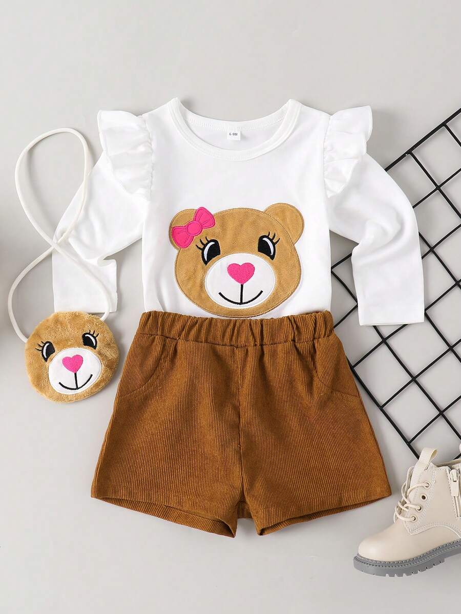 Conjunto de 3 peças para bebê menina, top bordado com design de urso de mangas compridas, gola redonda, bainha babado, shorts e bolsa em formato de urso. Lindo e fashion, ideal para o verão. - Castanho - Visão 1