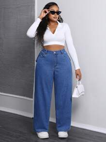 SHEIN SXY Plus Size Women's Loose Straight-Leg Jeans With Hip Fold Design, Casual And Versatile - Blue - View 6