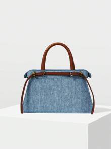 MOTF PREMIUM CONTRAST BUCKLE DETAIL DENIM-EFFECT PRINT TOP HANDLE BAG - Blue - View 1