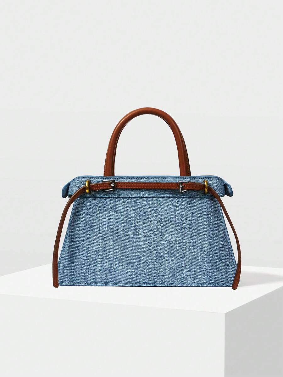 MOTF PREMIUM CONTRAST BUCKLE DETAIL DENIM-EFFECT PRINT TOP HANDLE BAG - Blue - View 1