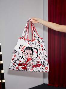 Betty Boop | ROMWE Cartoon Character Printed Sweet And Lovely Storage Bag, Large Capacity Foldable Shopping Tote Bag With Coin Purse - White - View 1