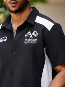 Chillumni 男士加大尺寸夏季休閒寬鬆字母印花短袖衫 - 黑色 - 查看 8