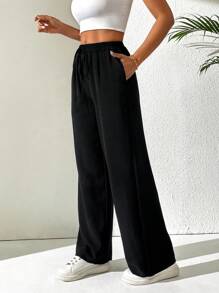 Flirla Drawstring Waist Slant Pocket Pants Fall Cloth For Women - Black - View 4