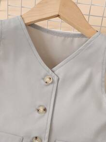Young Girls Button Front Vest Jacket & Wide Leg Pants For Summer - Grey - View 6