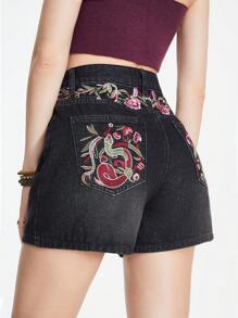 ROMWE Hippie Shorts Denim Bordados Boho Casuais de Férias para Mulheres - Preto - Visão 6