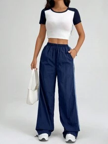 SHEIN PETITE Women's Side Stripe Weave Band Patchwork Long Pants - Navy Blue - View 5