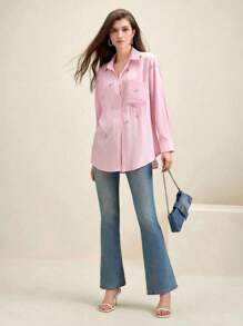 Anewsta Oversized Striped Shirt With Rhinestone Decoration For Urban Commute - Pink - View 5