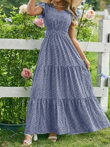 女士 V 领休闲度假花卉印花连衣裙