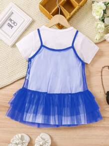 SHEIN Young Girl Warm Vacation Letter Print Short Sleeve Dress And Mesh Ruffle Trim Decorated Spaghetti Strap Dress