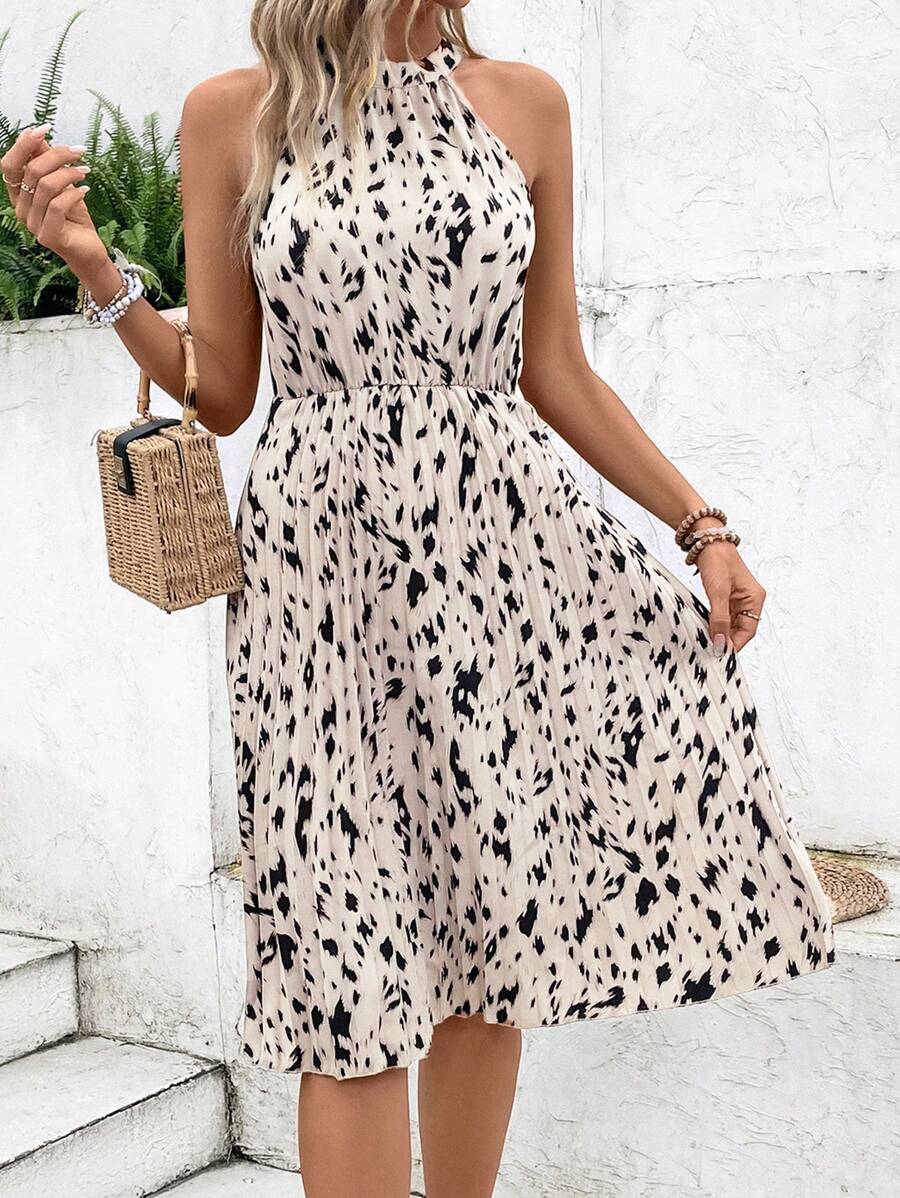 SHEIN Frenchy Leopard Print Pleated Halterneck Dress For Women   Fall Outfits  Work Women Dresses  Teacher Clothes  Back To School Clothes  Fall Dresses - Multicolor - View 1