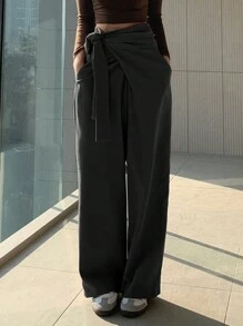 DAZY 女士纯色设计系带踝长裤，商务休闲 - 黑色 - 查看 1