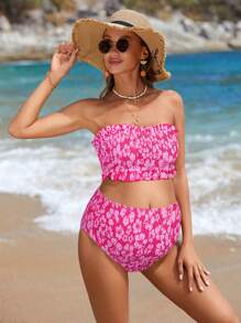 SHEIN Maternity Floral Print Shirred Frill Trim Bandeau Bikini Set 2 Pieces Bathing Suits Summer - Hot Pink - View 3