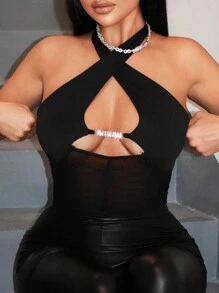 SHEIN SXY Sommerlicher, eleganter und sexy Damen-Bodysuit mit Mesh-Einsätzen, spielerischen Ausschnitten und halterlosem Design - Schwarz - Übersicht 4