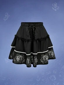 Corpse Bride | ROMWE Palace Lolita Fairy Tale Multi-Layered Cake Skirt With Figure Pattern And Lace Trim, School - Black - View 1