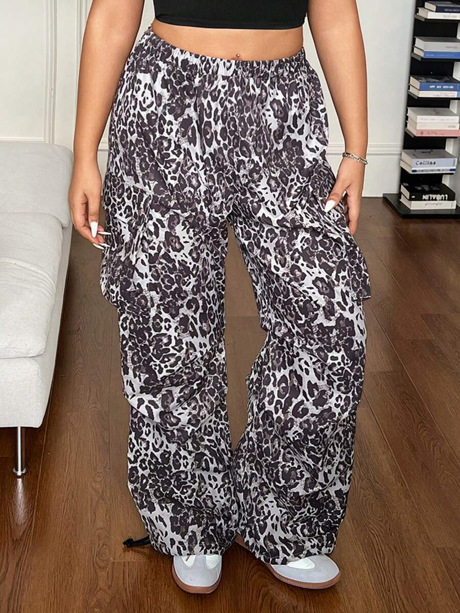 SHEIN EZwear 加大號豹紋口袋側邊貨物長褲 - 棕色 - 查看 1
