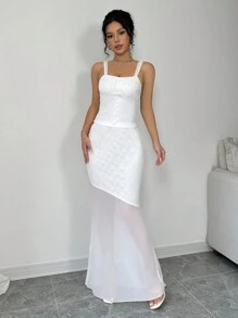 Chiquease Women's Summer Elegant Lace Ruffle Strap Skirt Set Featuring Mesh Splice And Mermaid Skirt - White - View 5