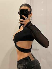 SHEIN ICON 短款立領女上衣，前交叉式設計及透明網紗袖子 - 黑色 - 查看 6