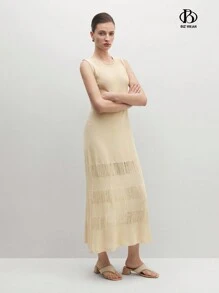 BizChic 女士夏季純色無袖圓領長款休閒毛衣連衣裙 - 杏色 - 查看 5