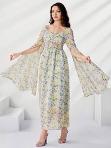 Mulvari Floral Print Ruched Bust Split Sleeve Arabian Dress