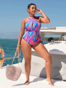 SHEIN Swim Curve Plus Size Women Allover Print One-Piece Curve Swimsuit Swimwear, Perfect For Summer Vacation - Multicolor - View 3