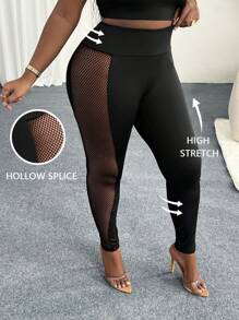 Slaydiva 大尺寸女士長褲，適用於運動、休閒、性感或日常穿著，修身單色黑色，側面網格剪裁設計，春/夏風格E