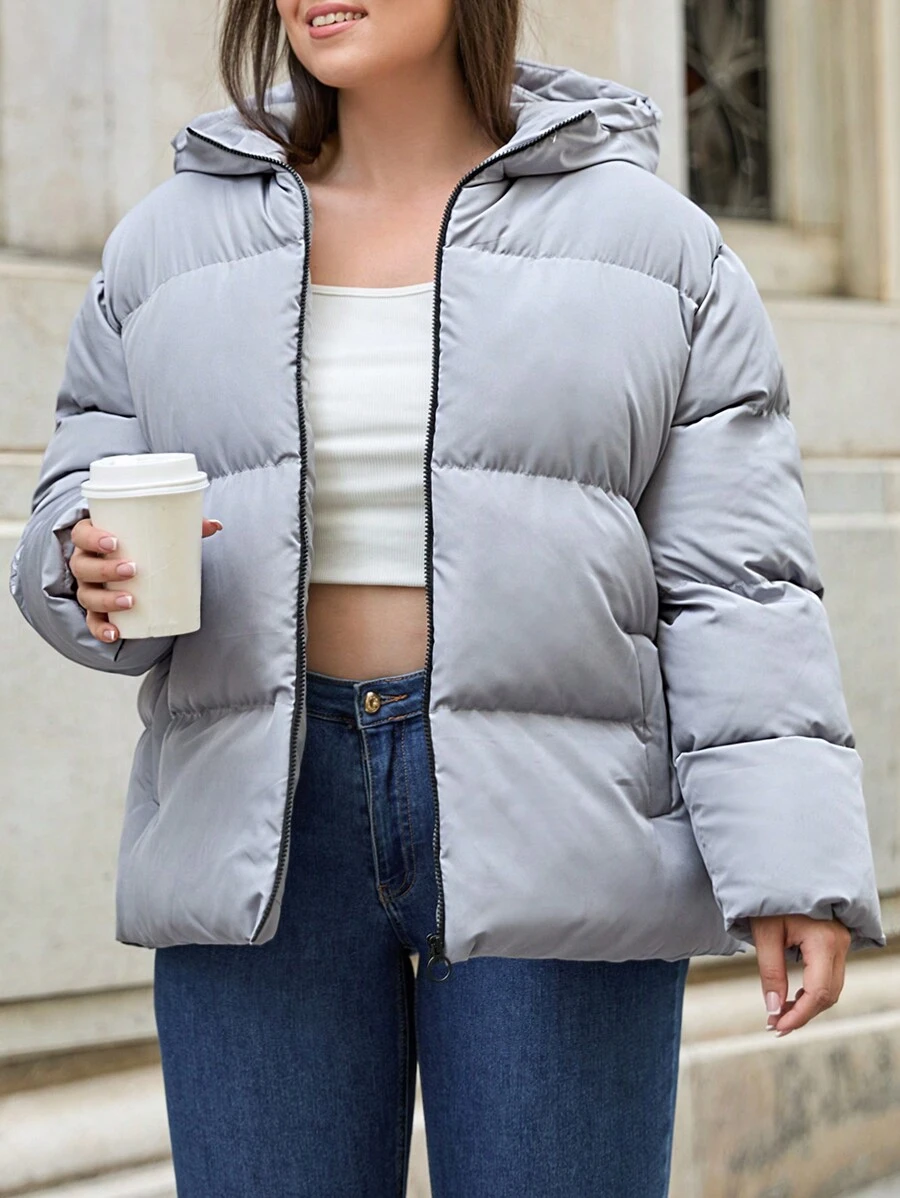 RueChic Plus Women's Zip Up Hooded Puffer Coat