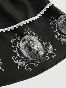 Corpse Bride | ROMWE Palace Lolita Fairy Tale Multi-Layered Cake Skirt With Figure Pattern And Lace Trim, School - Black - View 3