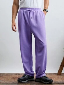 Manfinity RebelGame 男裝時尚針織休閒寬鬆彈性腰筒直筒褲，純色 - 淡紫色 - 查看 4