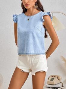 SHEIN LUNE Blusa de mezclilla simple de uso diario para mujer en unicolor con dobladillo de volantes - Lavado ligero - Ver 6