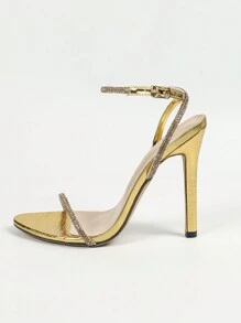 Jin Bei Qi 春夏女士露趾绑带高跟凉鞋，性感优雅舒适金色高跟鞋，适合派对活动 - 金色 - 查看 4