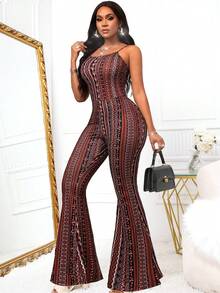 女士性感Y2K復古優雅彈性度假旅行印花復古風格擴腳連身褲