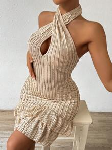 Calvaya Summer Sexy Solid Color Textured Hollow Out Ruffle Hem Backless Bodycon Halterneck Dress