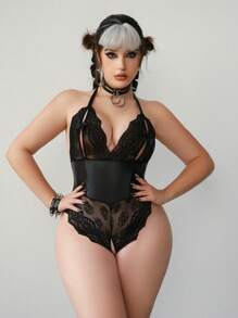 AltCore Sexy Lace Spliced Plus Size Wirefree Bodysuit (1pc) - Black - View 5