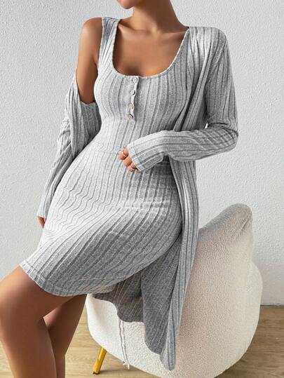 SHEIN Essnce Conjunto de 2 piezas de vestido sin mangas de punto acanalado de ajuste ceñido y chaqueta, unicolor, para mujer, para primavera/verano