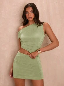 SHEIN BAE 畢業季性感不對稱綠色短袖上衣和迷你裙女裝2件套裝，夏季 - 薄荷綠 - 查看 7