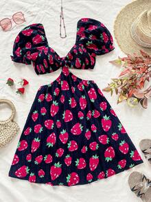 Soleia Vestido negro con estampado de fresas de verano para mujer, outfits para vacaciones, corte en la cintura con tejido con textura y mangas con detalles abullonados y recortes