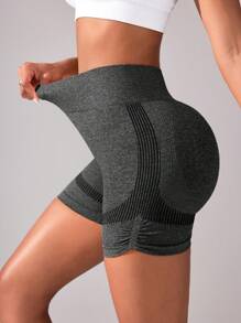 SHEIN Basic High-Elasticity Seamless Tummy Control Yoga Shorts With Wide Waistband, Compression For Buttocks - Grey - View 5