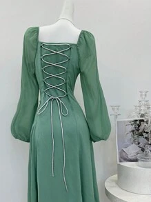 Modelyn Square Neck Lantern Sleeve Ruched Bust Dress - Green - View 3