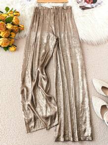 DreamSkyne 大码女式纯色简约日常穿搭抽绳裤，适合新年节日聚会服装 - 金色 - 查看 2