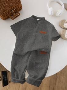 2入組男孩休閒大學拼接V領短袖套頭T恤和直筒針織長褲套裝 - 灰色 - 查看 4