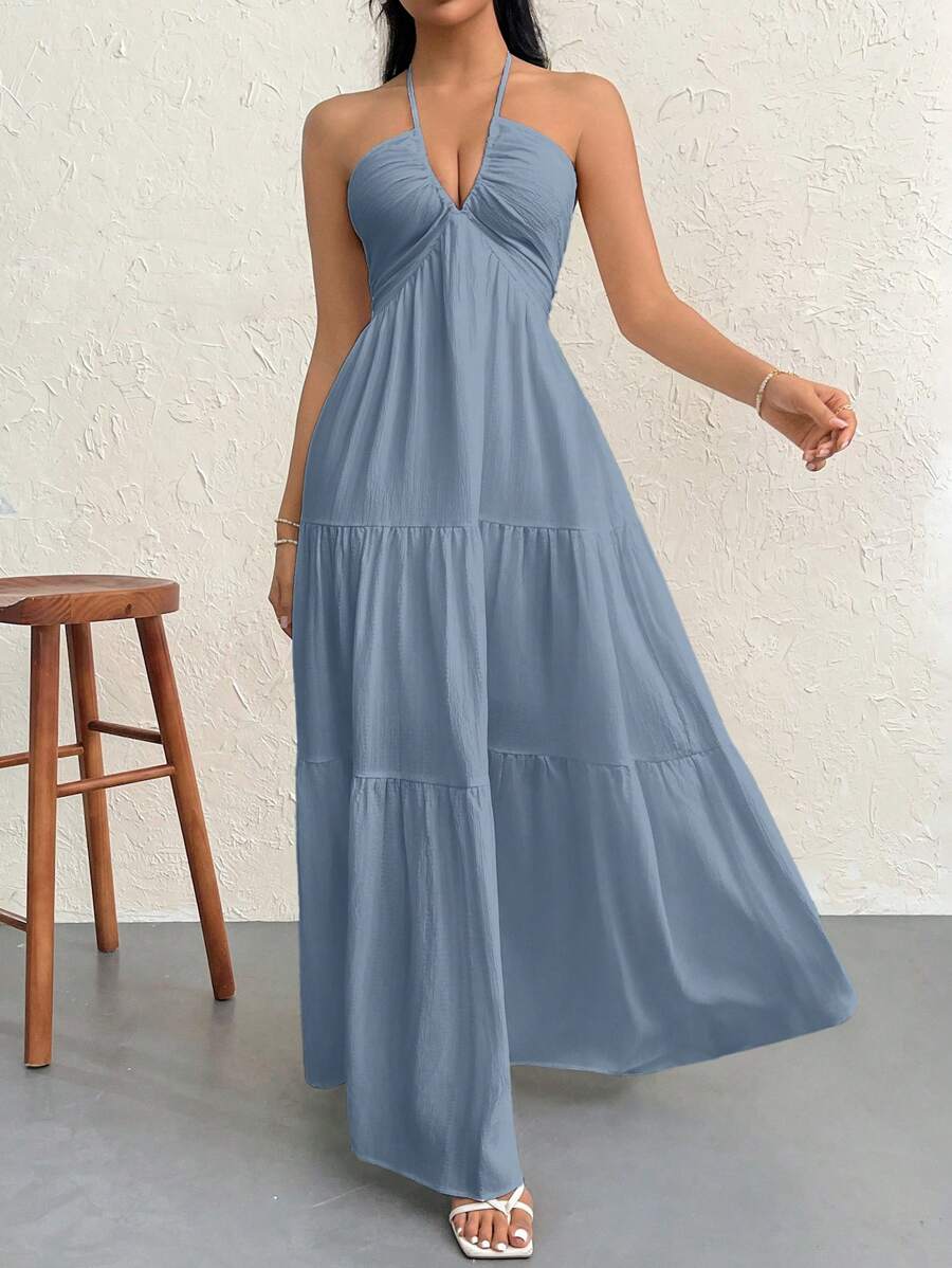 Firerie Đầm voan dài hở lưng có dây buộc cổ dành cho nữ, thích hợp đi nghỉ, đám cưới hoặc tiệc tùng - Màu xanh bụi bặm - Xem 1