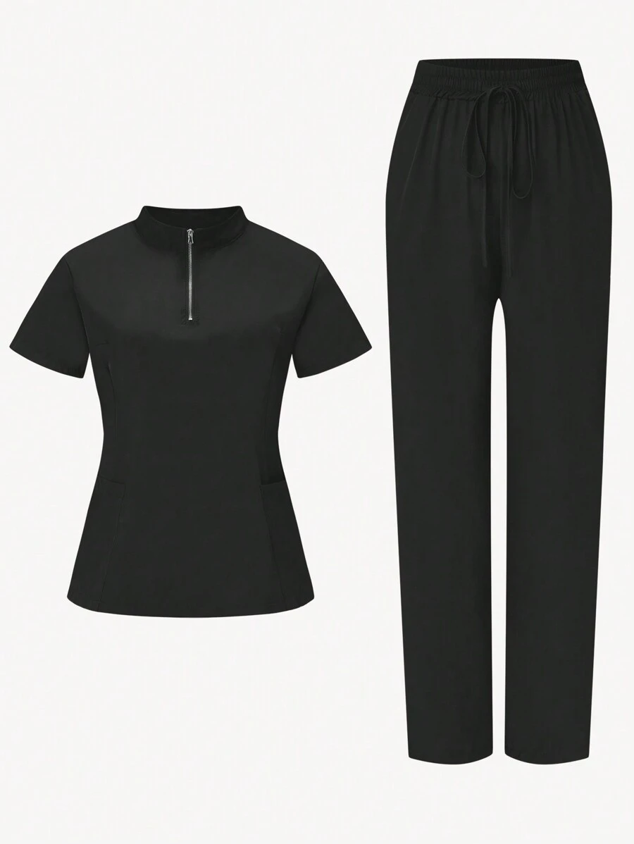 SHEIN TaskFit Ensemble uniforme de pantalon long et chemise à manches courtes simple de couleur unie pour grande taille, à zip au col, uniforme et blouse pour grande taille - Noir - Voir 1