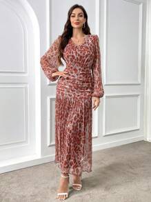 Modelyn Burgundy Red Women's Summer Fashion Leopard Print Lantern Sleeve Ruched Long Dress - Burgundy - View 4