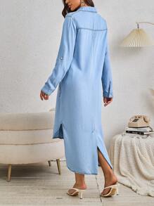 Ladies'summer Casual Denim Effect Roll-Tab Sleeve Button-Front Shirt Dress - Blue - View 2