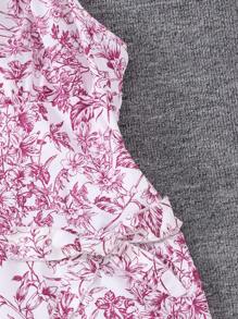 Teen Girls Ditsy Floral Spaghetti Strap Asymmetrical Hem Ruffle Bow Tight Mini Dress - Hot Pink - View 3