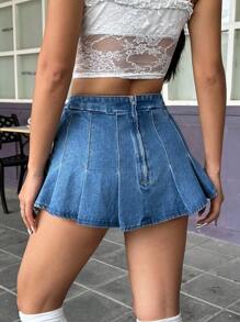 SHEIN EZwear 夏季實心褶皺牛仔裙 - 藍色 - 查看 2