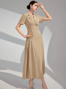 Modelyn Lapel Collar Double Breasted Pleated Hem Arabian Dress Long Evening Dresses