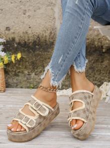 Women's Fashionable Buckle Strap European & American Style Lightweight Non-Slip Fabric Beach Platform Sandals
