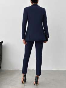 EURMUSE Ladies' Solid Color Suit With Lapel Collar Jacket And Pants - Navy Blue - View 2