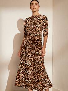 SHEIN Privé Random Leopard Print Open Front Top And Skirt Set - Multicolor - View 3